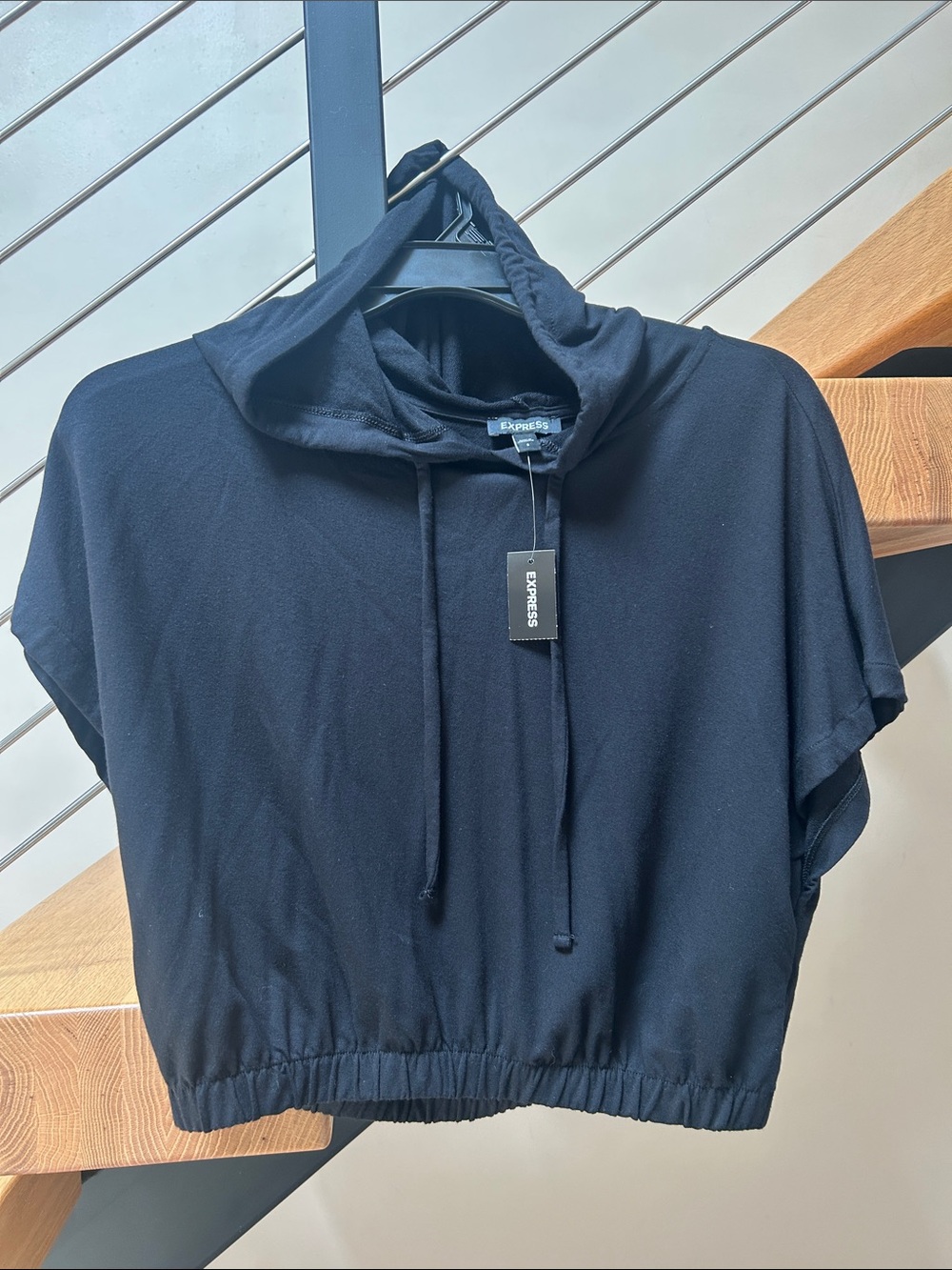 Express Black Cropped Short-Sleeve Hoodie